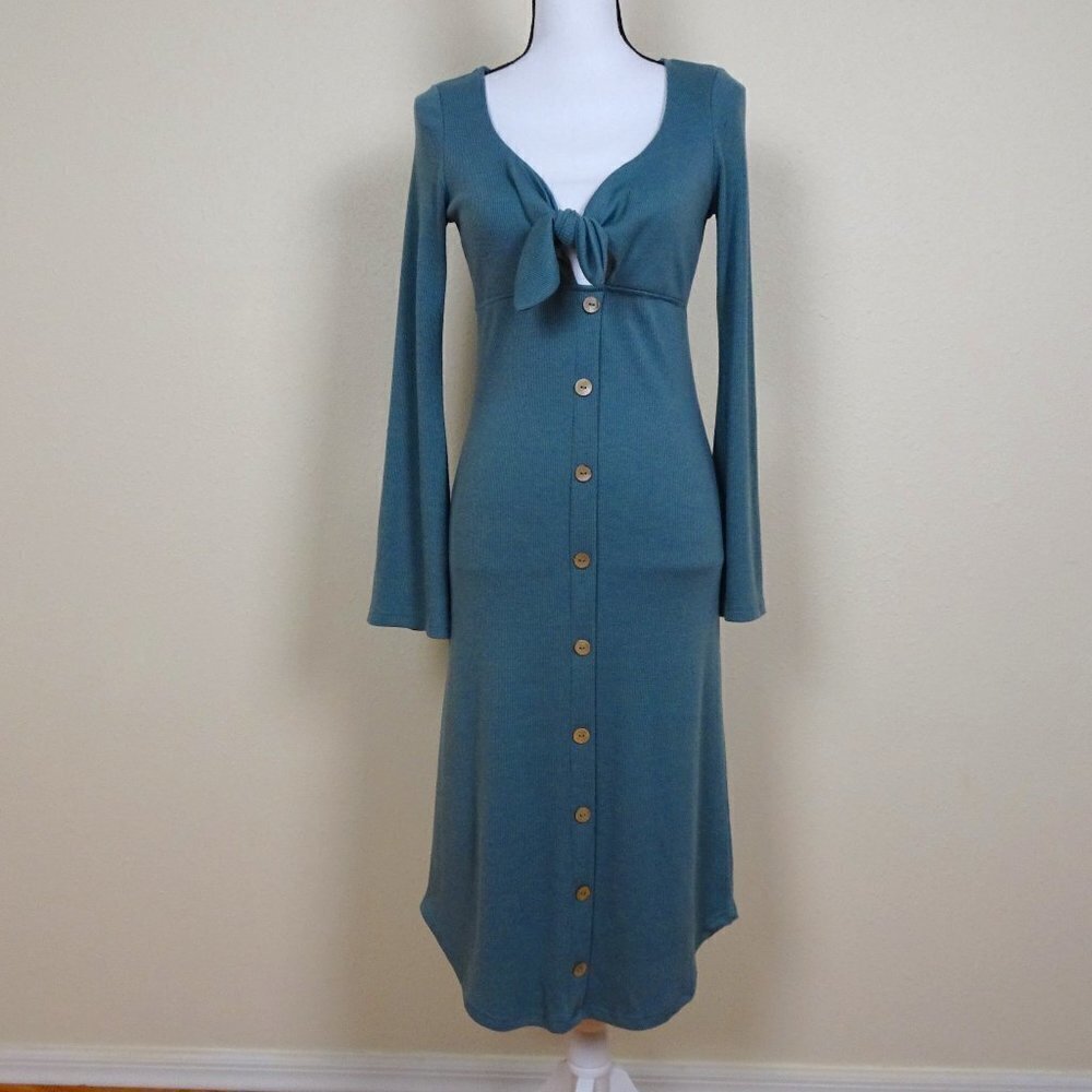 Luna Chix Tie Front Midi Dress Women's Size S Green Boho Long Sleeve